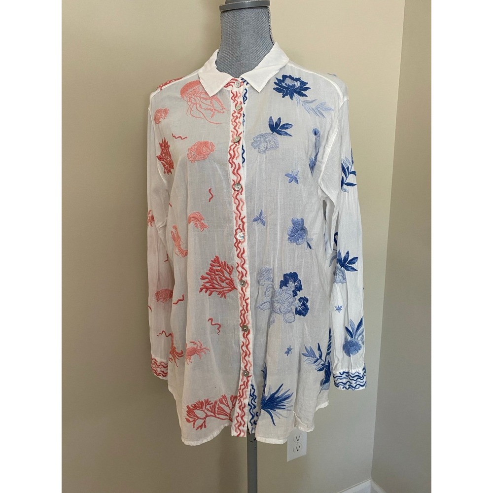 Johnny Was Marbella Shirt Embroidered Sea Creatures s48